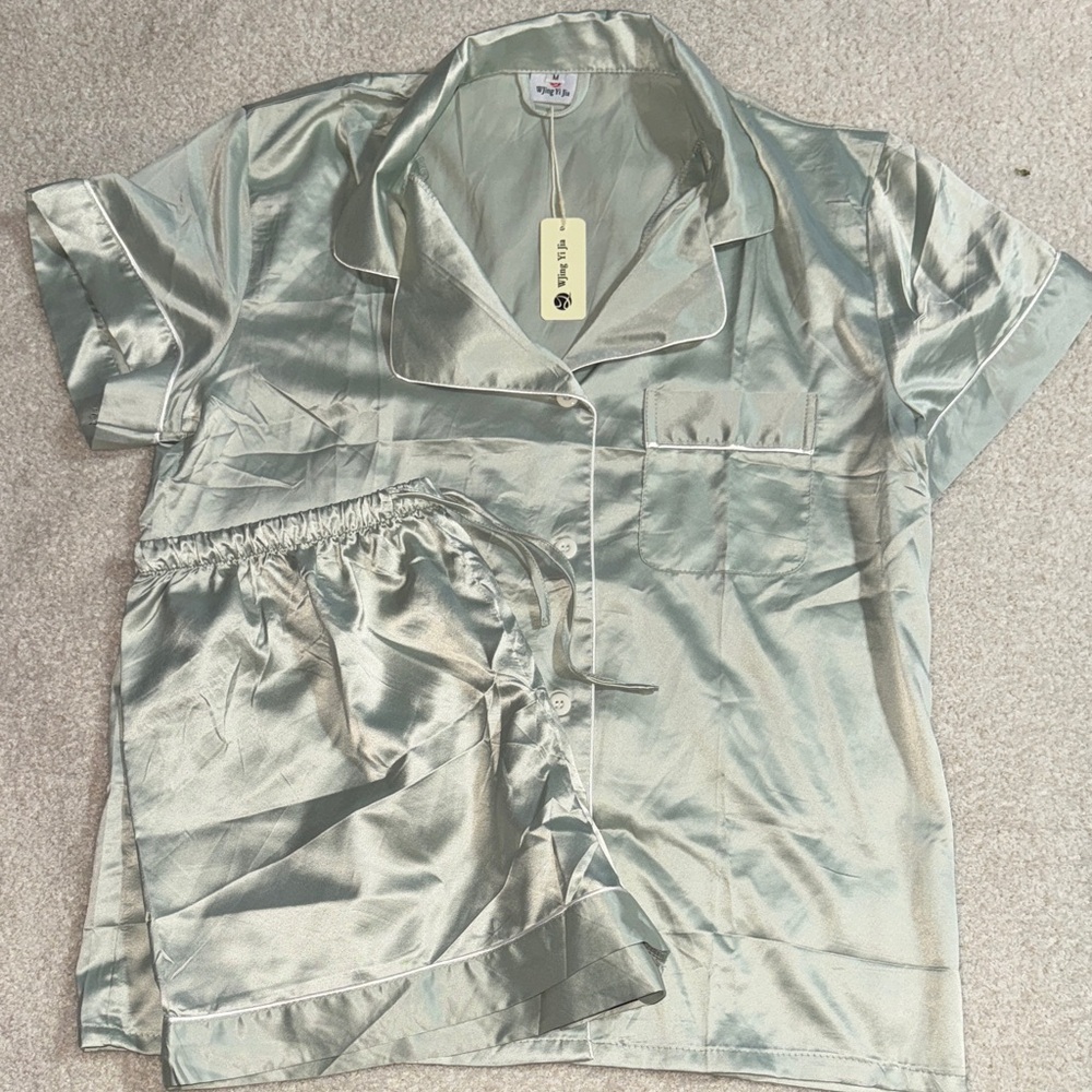 Silky Satin Pajama Set - Sage Green
